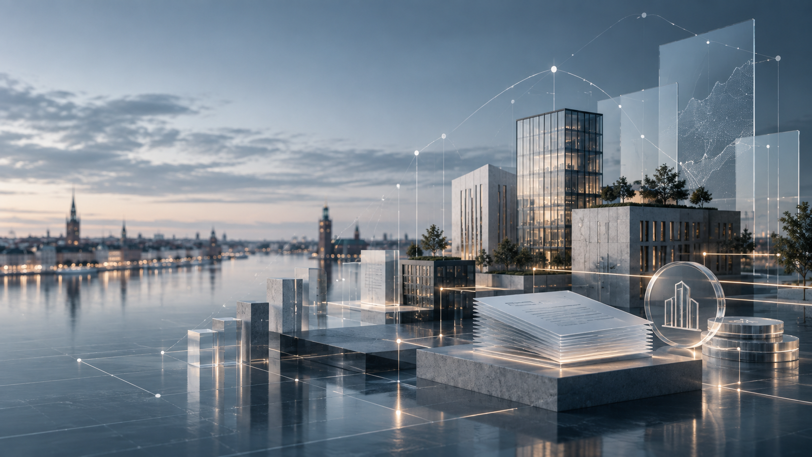 Konceptuell fastighetsmodell med dokument, värdestaplar och digitala kopplingar.