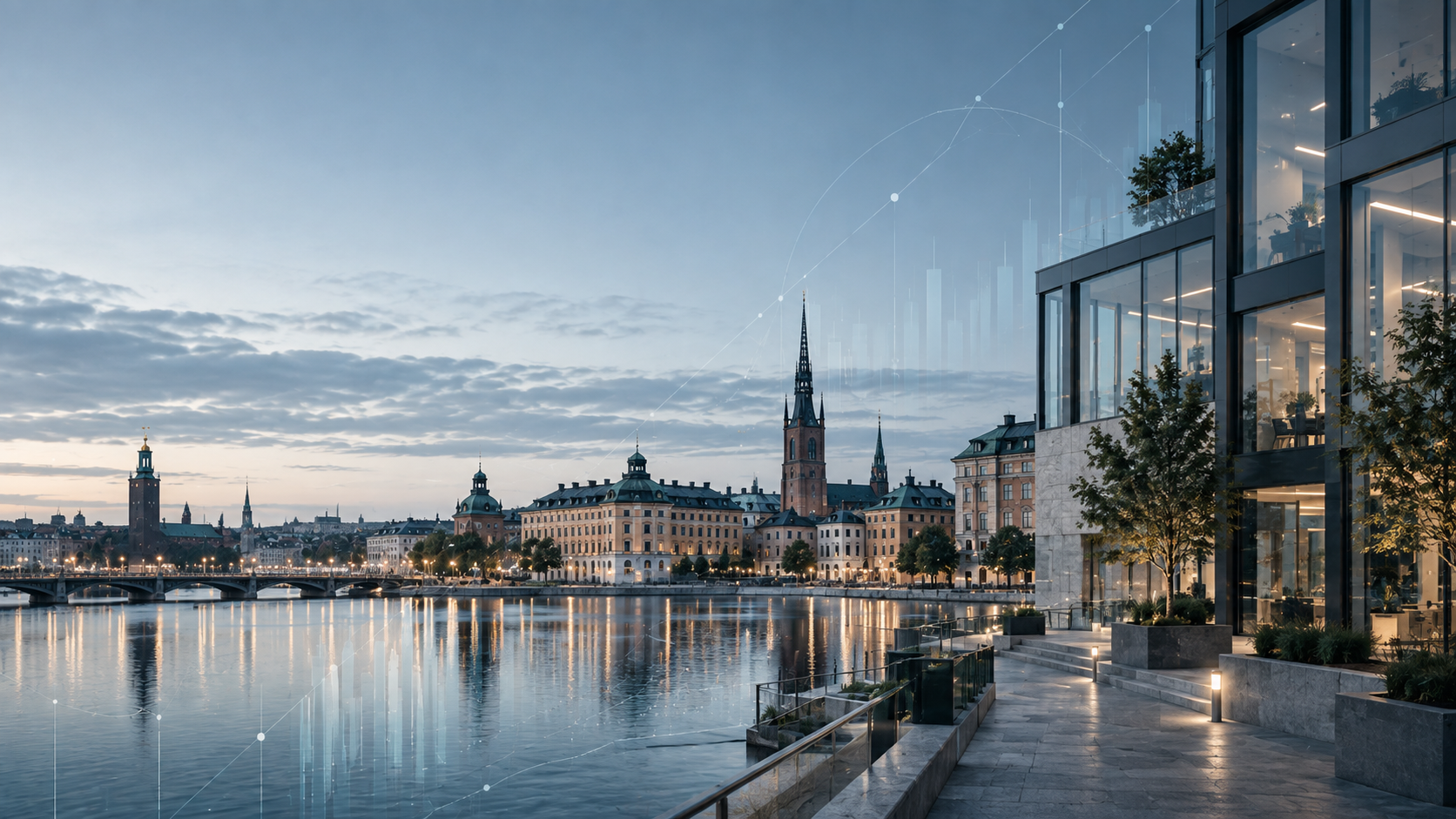 Stockholms vattenlinje med modern fastighet och diskreta digitala strukturer.