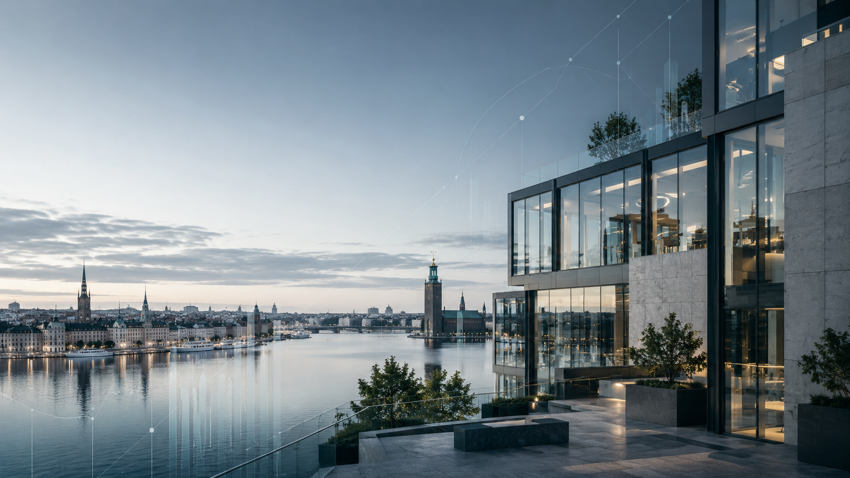 Modern fastighet vid Stockholms vatten med subtila datalinjer över stadsbilden.