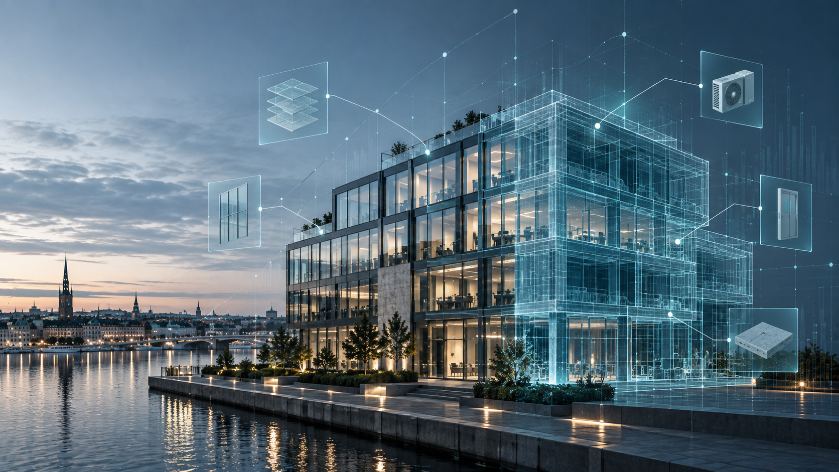 Modern kontorsfastighet visualiserad med digital byggnadsmodell och asset-data.