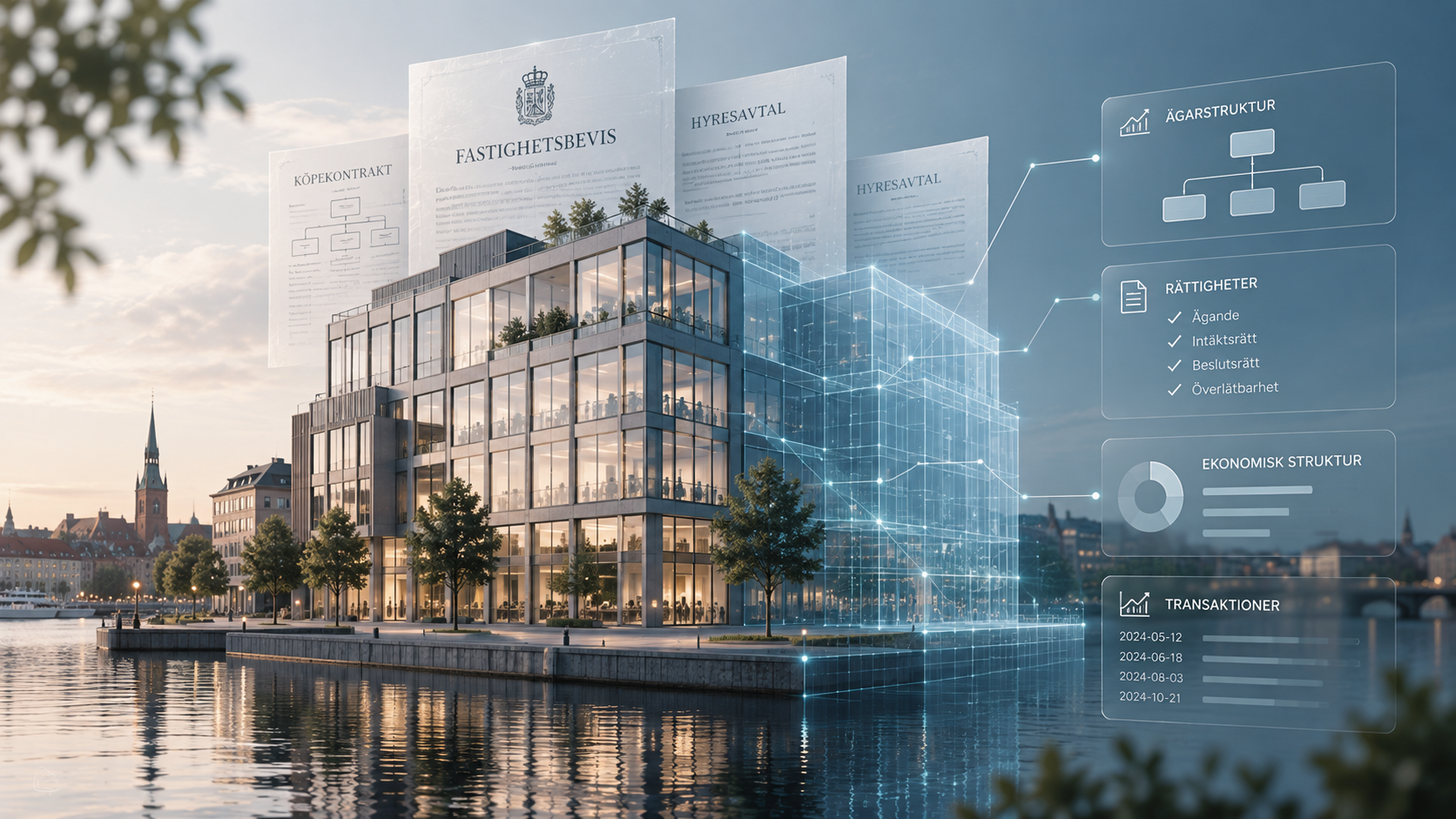 Digital representation av en kommersiell fastighet där juridiska dokument, rättigheter, ägarstruktur och ekonomisk information kopplas till ett digitalt infrastrukturlager.