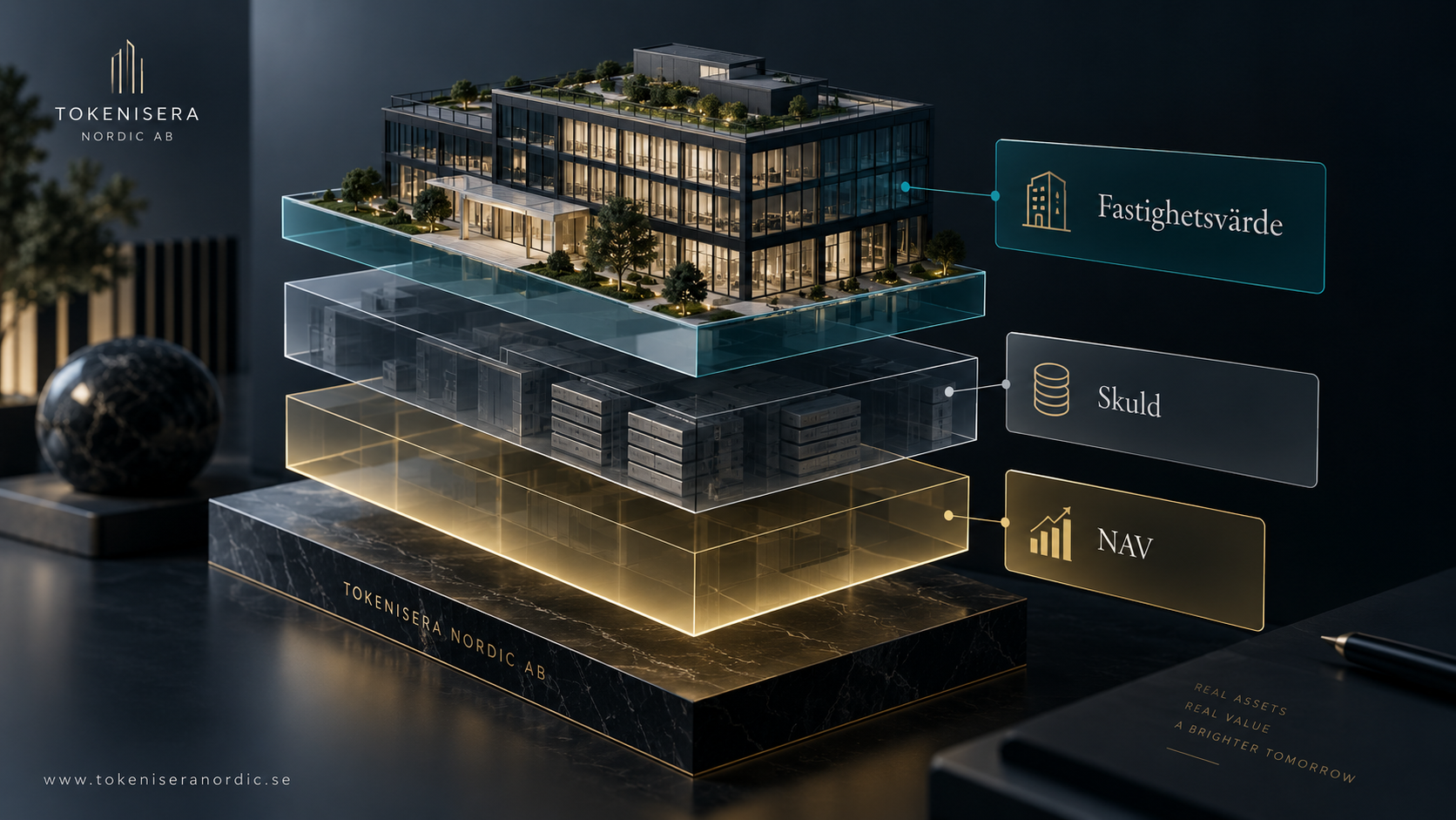 Modern kontorsfastighet visualiserad med digital byggnadsmodell och asset-data.