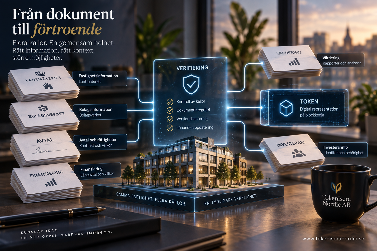 Modern kontorsfastighet visualiserad med digital byggnadsmodell och asset-data.
