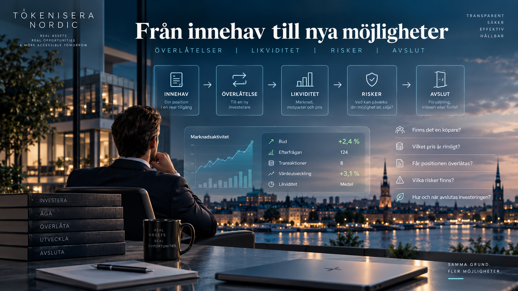 Modern kontorsfastighet visualiserad med digital byggnadsmodell och asset-data.