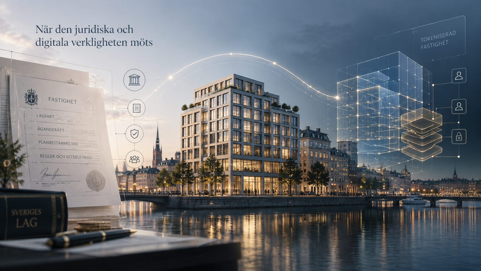 Konferensrum med marknadsgraf och utsikt över Stockholm.